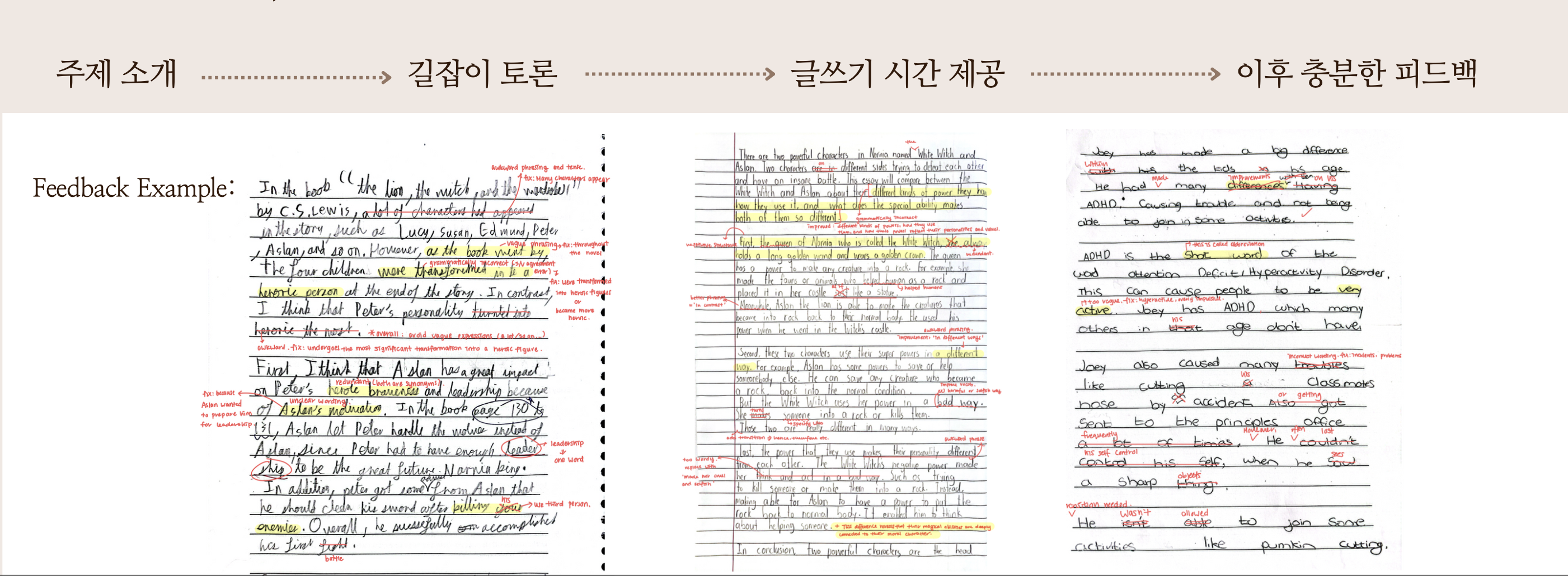학생 에세이 세 편에 문장과 구조 피드백이 자세히 표시된 실제 첨삭 예시